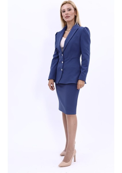 Erkek Yaka Kolu Büzgülü Ceket & Düz Dar Etek-İndigo fiyatları