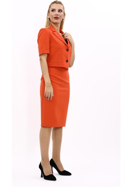 Kısa Kollu Yakalı Mini Ceket & Kalem Etek Takım-Turuncu modelleri