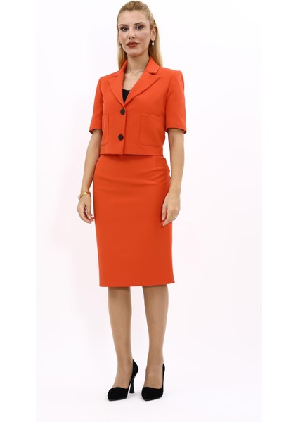 Kısa Kollu Yakalı Mini Ceket & Kalem Etek Takım-Turuncu indirimleri