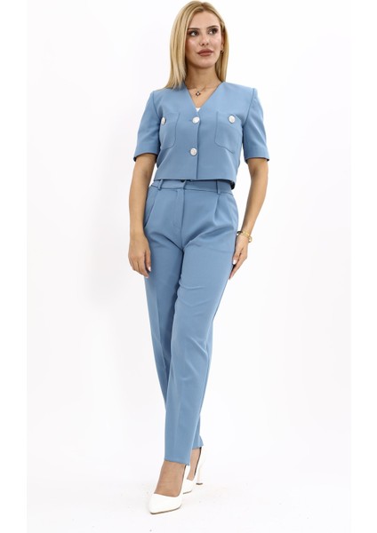 Kısa Kollu Yakasız Mini Ceket & Pileli Boru Paça Pantolon Takım-Deniz