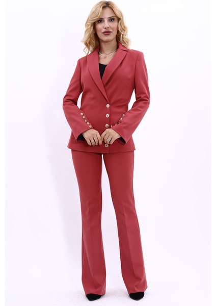 Erkek Yaka Düğme Detaylı Ceket & İspanyol Paça Pantolon-Kiremit fırsatları