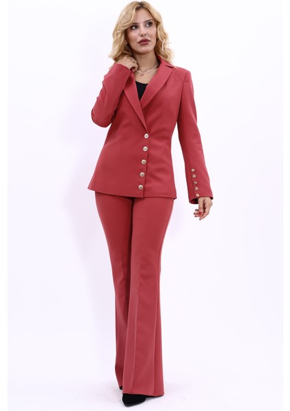 Erkek Yaka Düğme Detaylı Ceket & İspanyol Paça Pantolon-Kiremit indirimleri