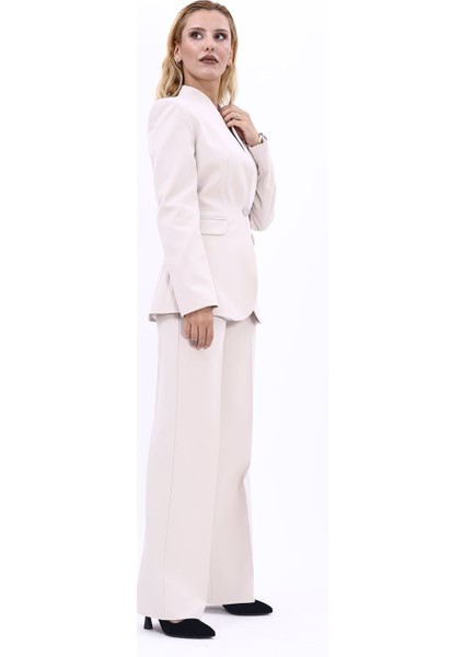 Kendinden Dik Yakalı Ceket & Bol Paça Pantolon-Bej modelleri