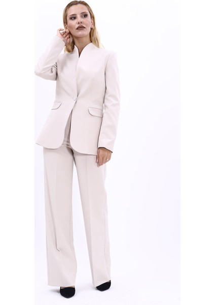 Kendinden Dik Yakalı Ceket & Bol Paça Pantolon-Bej indirimleri