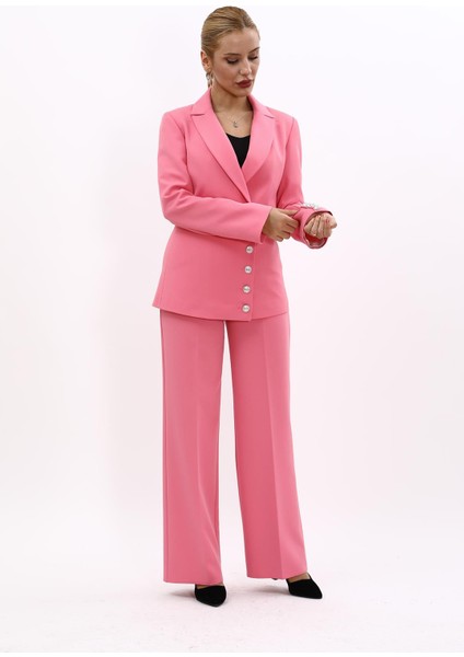 Erkek Yaka Düğme Detaylı Ceket & Bol Paça Pantolon-Pembe fiyatları