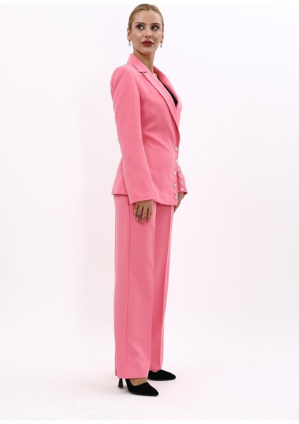 Erkek Yaka Düğme Detaylı Ceket & Bol Paça Pantolon-Pembe modelleri