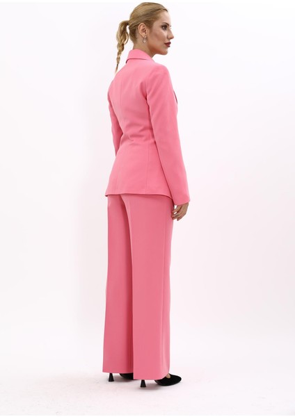 Erkek Yaka Düğme Detaylı Ceket & Bol Paça Pantolon-Pembe fırsatları