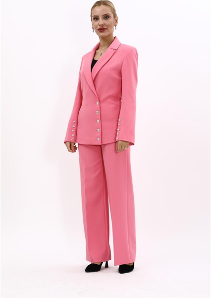 Erkek Yaka Düğme Detaylı Ceket & Bol Paça Pantolon-Pembe indirimleri