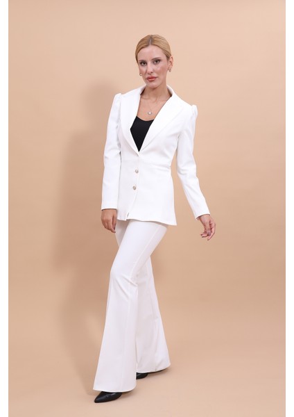 Erkek Yaka Kolu Büzgülü Ceket & İspanyol Paça Pantolon-Beyaz