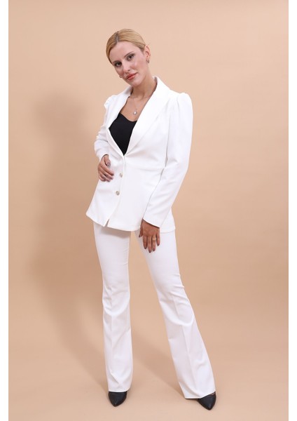 Erkek Yaka Kolu Büzgülü Ceket & İspanyol Paça Pantolon-Beyaz indirimleri