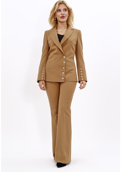 Erkek Yaka Düğme Detaylı Ceket & İspanyol Paça Pantolon-Camel