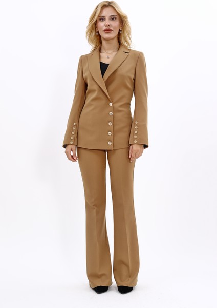 Erkek Yaka Düğme Detaylı Ceket & İspanyol Paça Pantolon-Camel indirimleri
