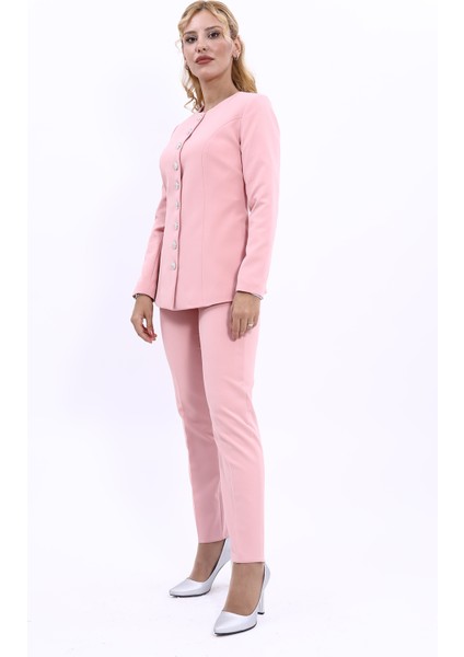Sıfır Yaka Boydan Düğmeli Ceket & Dar Paça Pantolon-Pudra fiyatları
