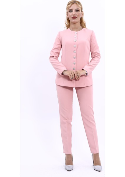 Sıfır Yaka Boydan Düğmeli Ceket & Dar Paça Pantolon-Pudra indirimleri