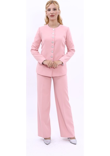 Sıfır Yaka Boydan Düğmeli Ceket & Bol Paça Pantolon-Pudra