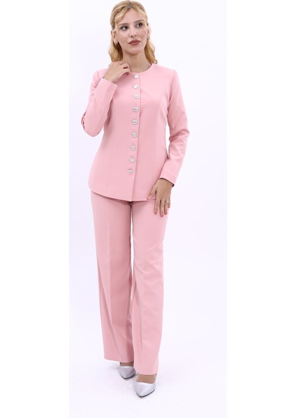 Sıfır Yaka Boydan Düğmeli Ceket & Bol Paça Pantolon-Pudra fiyatları