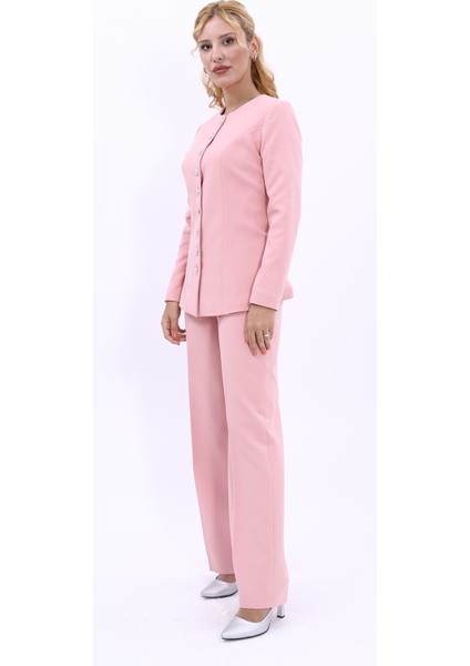 Sıfır Yaka Boydan Düğmeli Ceket & Bol Paça Pantolon-Pudra modelleri
