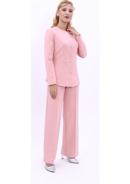 Sıfır Yaka Boydan Düğmeli Ceket & Bol Paça Pantolon-Pudra fırsatları