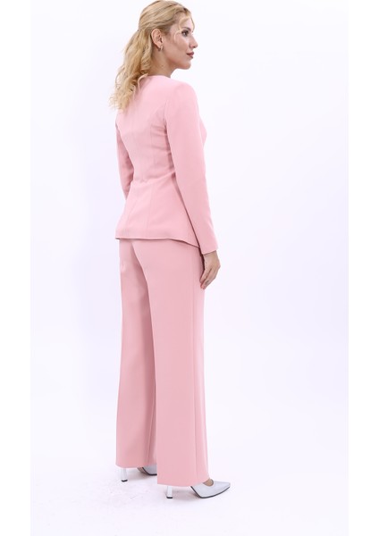 Sıfır Yaka Boydan Düğmeli Ceket & Bol Paça Pantolon-Pudra indirimleri
