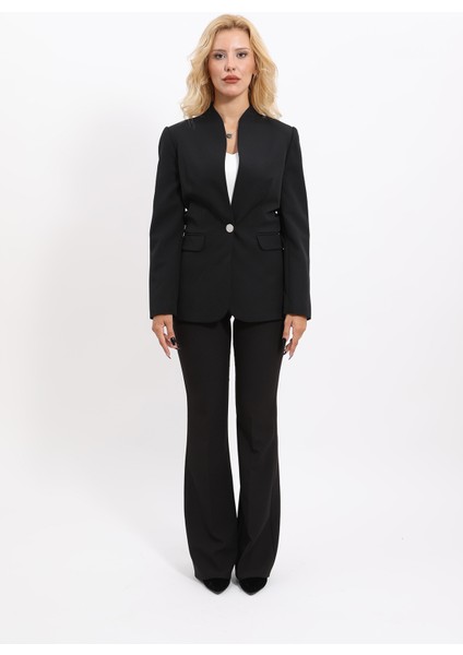 Kendinden Dik Yakalı Ceket & İspanyol Paça Pantolon-Siyah modelleri
