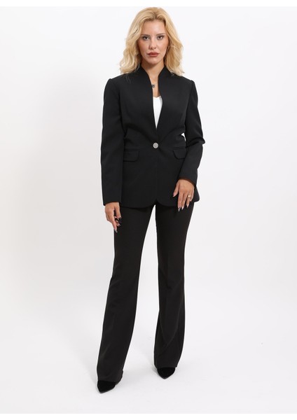 Kendinden Dik Yakalı Ceket & İspanyol Paça Pantolon-Siyah fırsatları