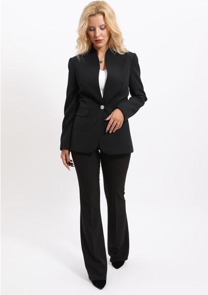 Kendinden Dik Yakalı Ceket & İspanyol Paça Pantolon-Siyah indirimleri