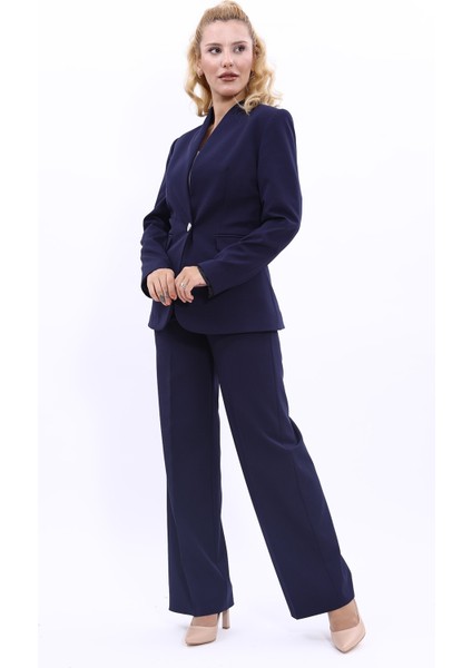 Kendinden Dik Yakalı Ceket & Bol Paça Pantolon-Lacivert
