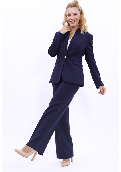 Kendinden Dik Yakalı Ceket & Bol Paça Pantolon-Lacivert fiyatları