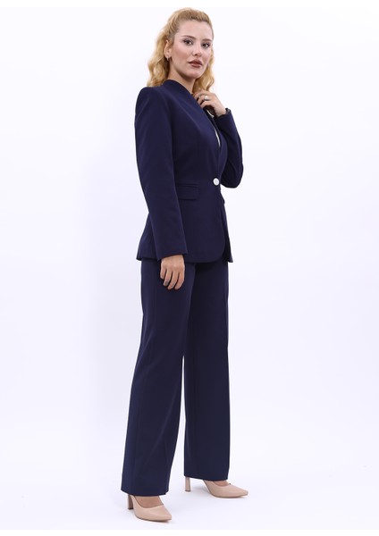 Kendinden Dik Yakalı Ceket & Bol Paça Pantolon-Lacivert fırsatları
