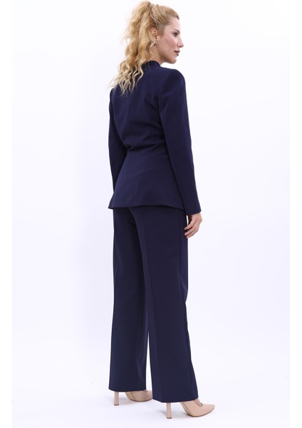 Kendinden Dik Yakalı Ceket & Bol Paça Pantolon-Lacivert indirimleri