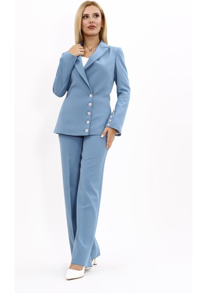 Erkek Yaka Düğme Detaylı Ceket & Bol Paça Pantolon-Deniz