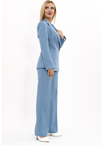 Erkek Yaka Düğme Detaylı Ceket & Bol Paça Pantolon-Deniz modelleri