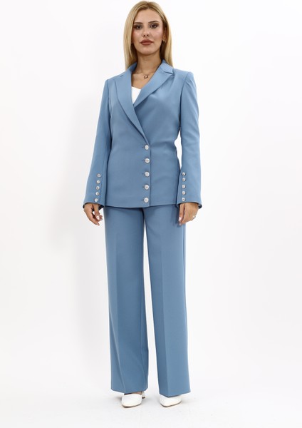 Erkek Yaka Düğme Detaylı Ceket & Bol Paça Pantolon-Deniz indirimleri