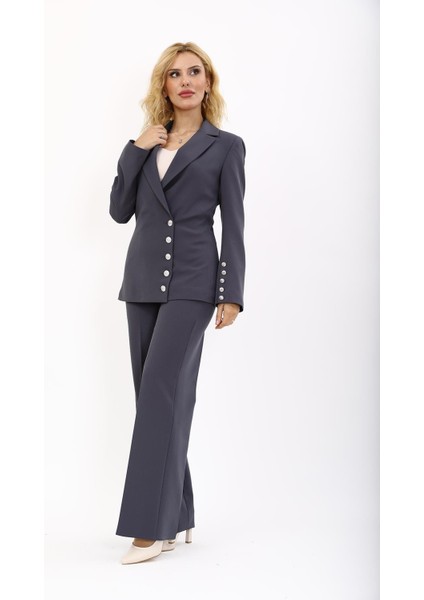 Erkek Yaka Düğme Detaylı Ceket & Bol Paça Pantolon-Füme