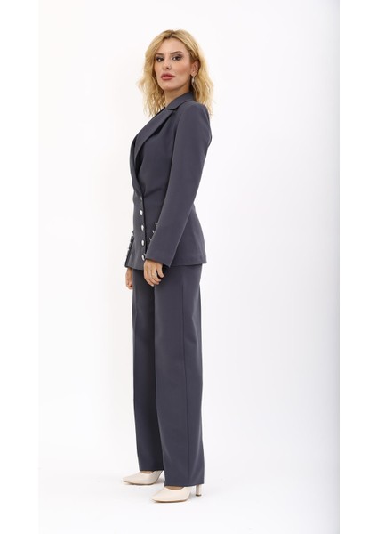 Erkek Yaka Düğme Detaylı Ceket & Bol Paça Pantolon-Füme fiyatları