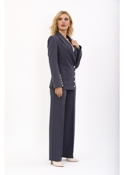 Erkek Yaka Düğme Detaylı Ceket & Bol Paça Pantolon-Füme modelleri