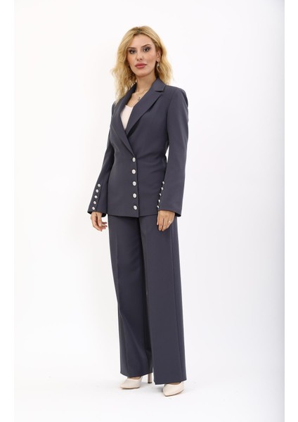 Erkek Yaka Düğme Detaylı Ceket & Bol Paça Pantolon-Füme indirimleri