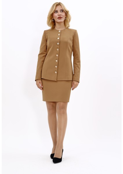 Sıfır Yaka Boydan Düğmeli Ceket & Yırtmaçlı Düz Dar Etek-Camel