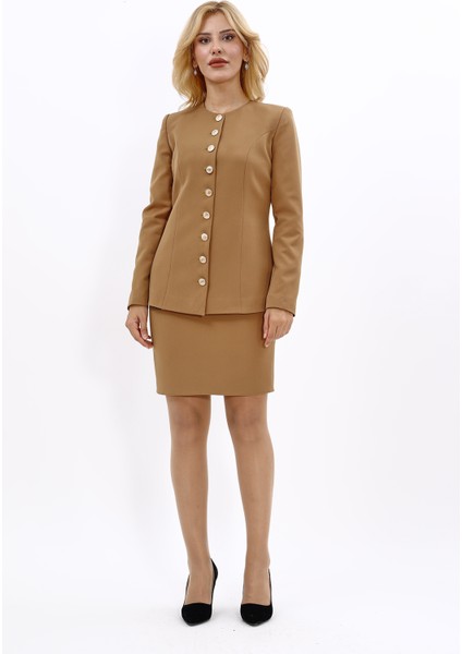 Sıfır Yaka Boydan Düğmeli Ceket & Yırtmaçlı Düz Dar Etek-Camel indirimleri
