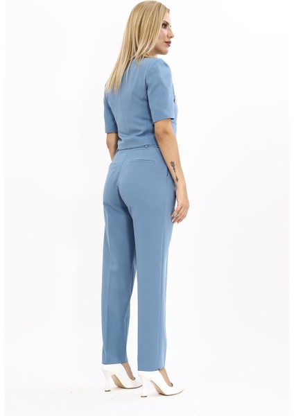 Kısa Kollu Yakasız Mini Ceket & Pileli Boru Paça Pantolon Takım-Deniz fırsatları