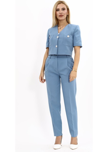 Kısa Kollu Yakasız Mini Ceket & Pileli Boru Paça Pantolon Takım-Deniz indirimleri