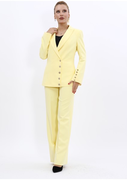 Erkek Yaka Düğme Detaylı Ceket & Bol Paça Pantolon-Sarı