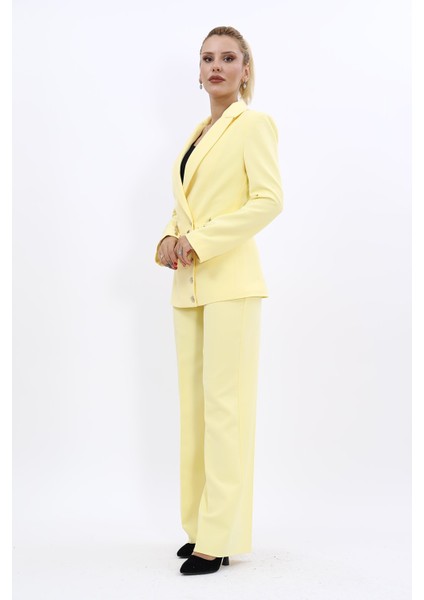 Erkek Yaka Düğme Detaylı Ceket & Bol Paça Pantolon-Sarı fiyatları