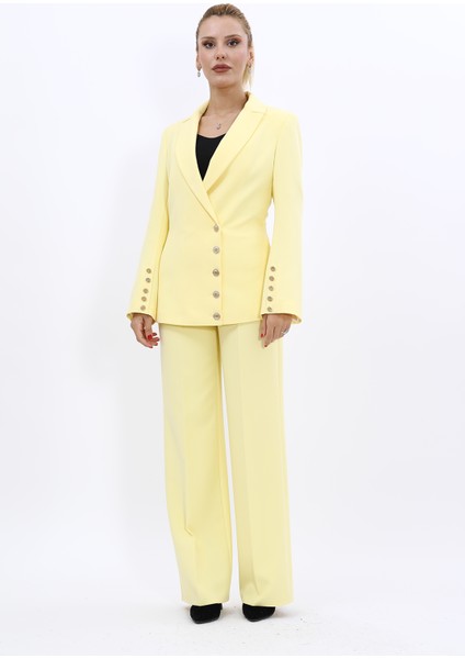 Erkek Yaka Düğme Detaylı Ceket & Bol Paça Pantolon-Sarı indirimleri