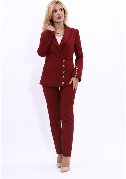 Erkek Yaka Düğme Detaylı Ceket & Dar Paça Pantolon-Bordo