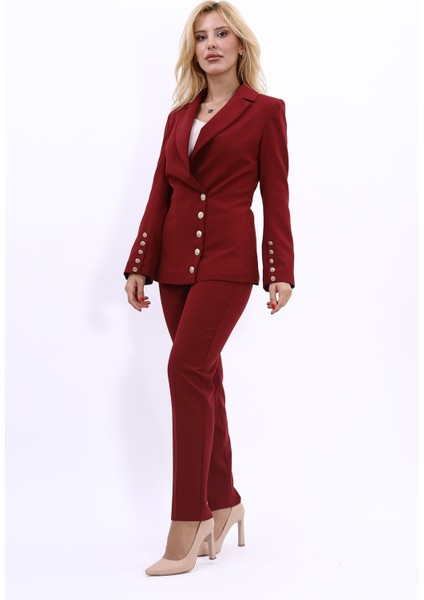 Erkek Yaka Düğme Detaylı Ceket & Dar Paça Pantolon-Bordo fiyatları