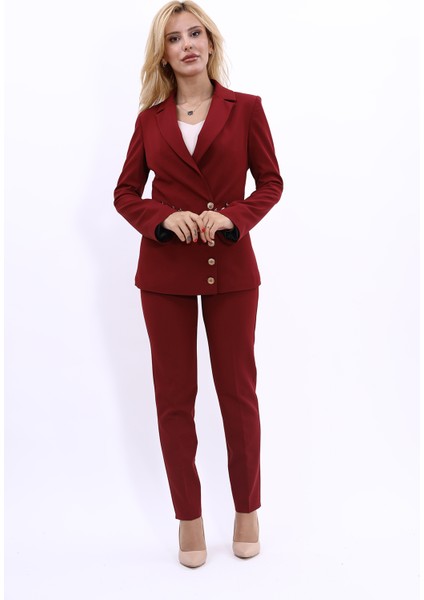 Erkek Yaka Düğme Detaylı Ceket & Dar Paça Pantolon-Bordo indirimleri
