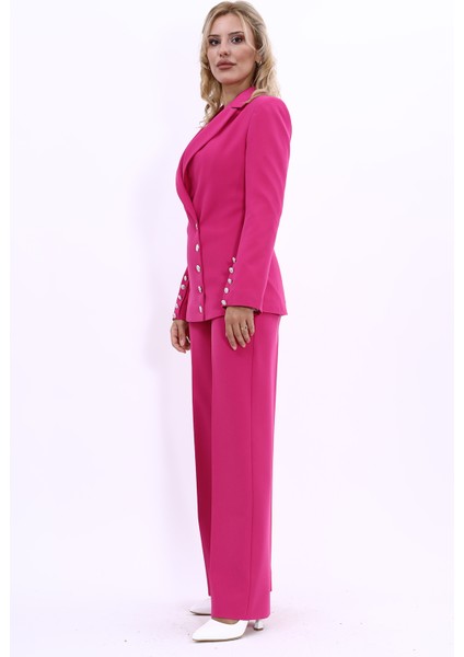 Erkek Yaka Düğme Detaylı Ceket & Bol Paça Pantolon-Fuşya fiyatları