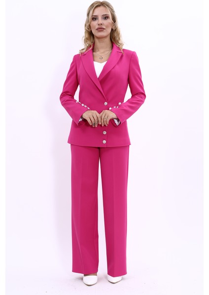 Erkek Yaka Düğme Detaylı Ceket & Bol Paça Pantolon-Fuşya indirimleri