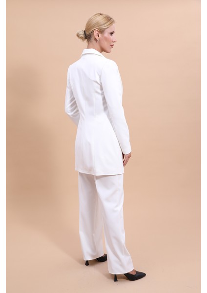 Erkek Yaka Kuruvaze Uzun Ceket & Bol Paça Pantolon-Beyaz fiyatları